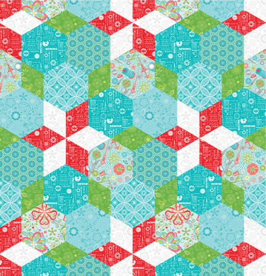 Benartex Sewing Room 2 Hexagons Multicolor Novelty 100% Cotton Fabric