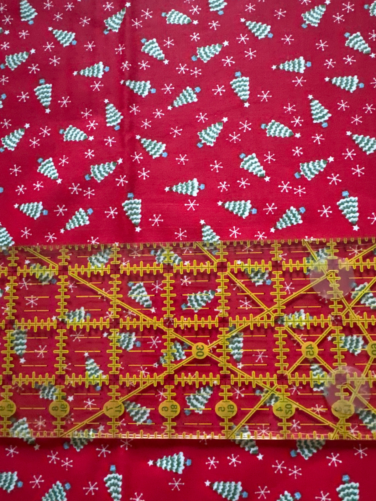 Christmas Vintage Mini Trees and Snowflakes on Red 100% Lightweight Cotton Price per Yard