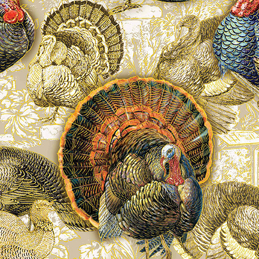 44 x 36 Large Golden Turkeys on Natural Fall Metallic Thanksgiving Benartex 100% Cotton Fabric