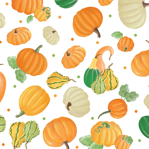 Benartex Falling For Gnomes Pumpkin On White Thanksgiving 100% Cotton Fabric