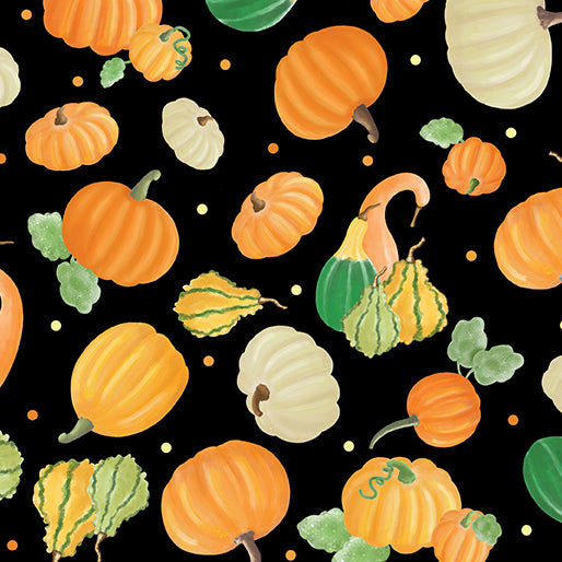 Benartex Falling For Gnomes Pumpkin On Black Thanksgiving 100% Cotton Fabric
