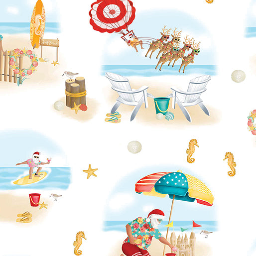 Christmas Santa at the Beach on White 100% Cotton Price per Yard