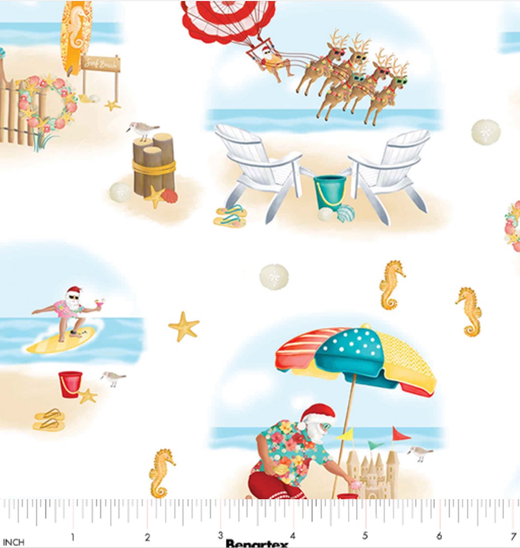 Christmas Santa at the Beach on Whtie 100% Cotton Price per Yard