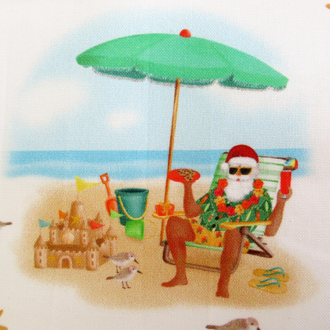 Christmas Santa at the Beach on Whtie 100% Cotton Price per Yard