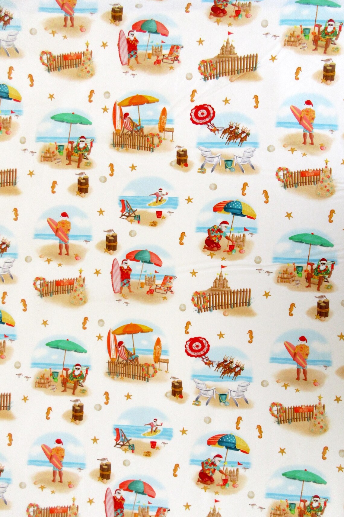 Christmas Santa at the Beach on Whtie 100% Cotton Price per Yard