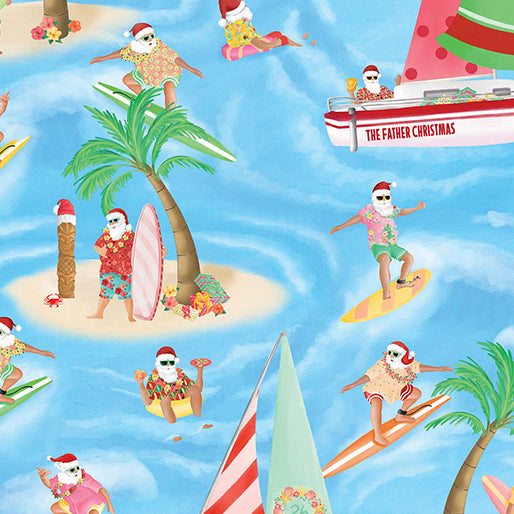 Christmas Santa at Sea on Blue 100% Cotton Price per Yard