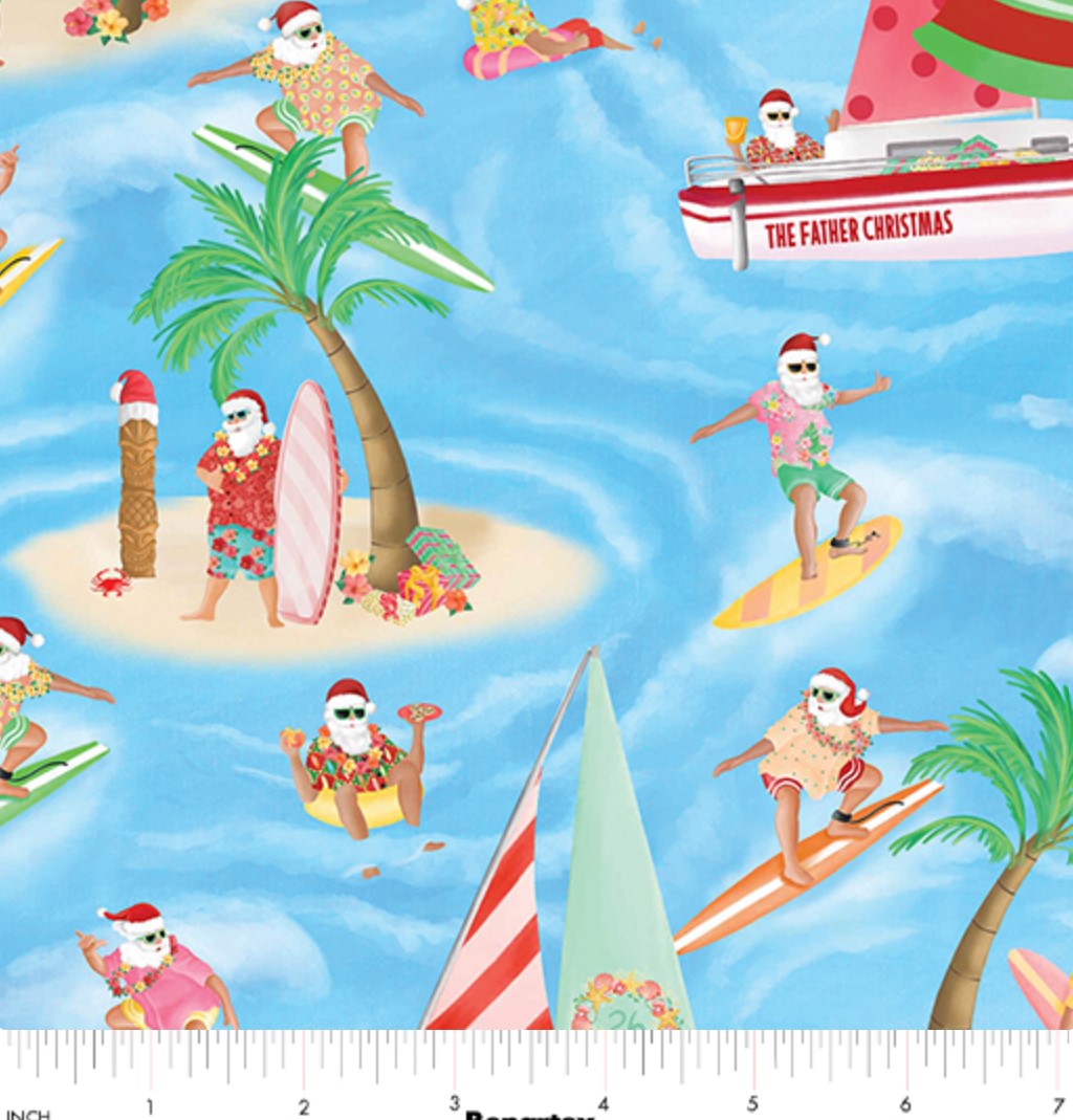 Christmas Santa at Sea on Blue 100% Cotton Price per Yard