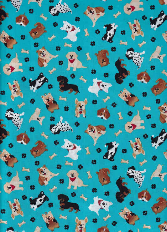 Fabric Traditions Novelty Tossed Pups on Teal Dogs 100% Cotton Price per Yard