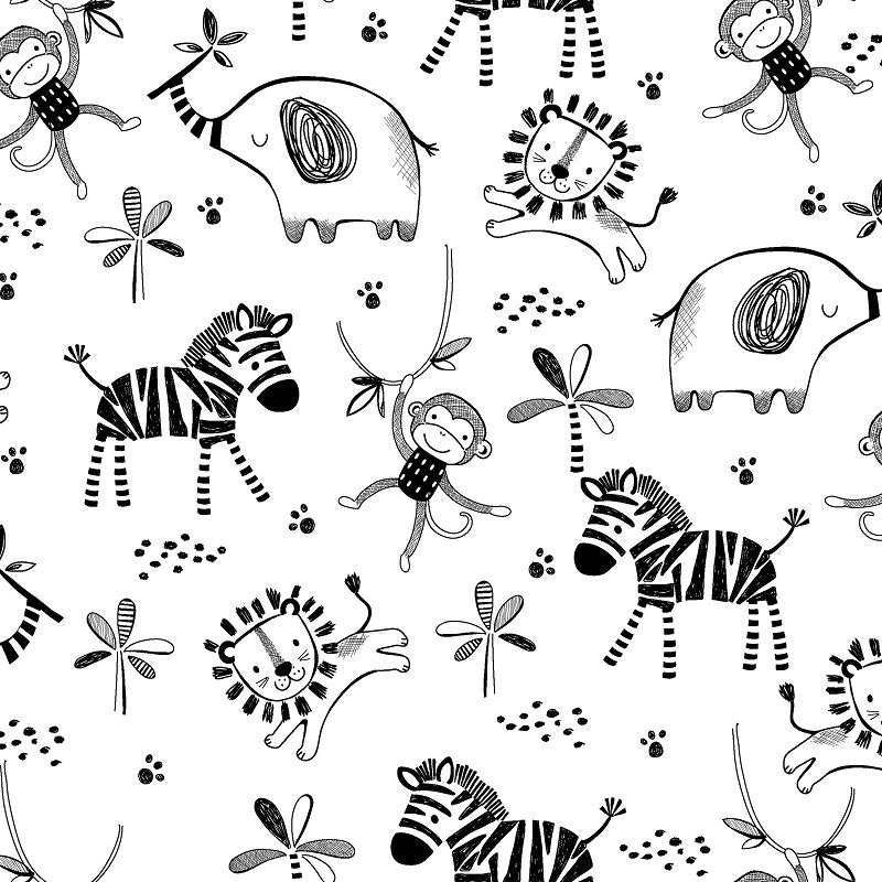 3 Wishes Fabric Flannel Black White Safari on White Baby Price per Yard