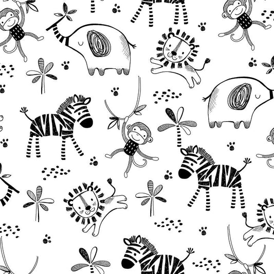 3 Wishes Fabric Flannel Black White Safari on White Baby Price per Yard
