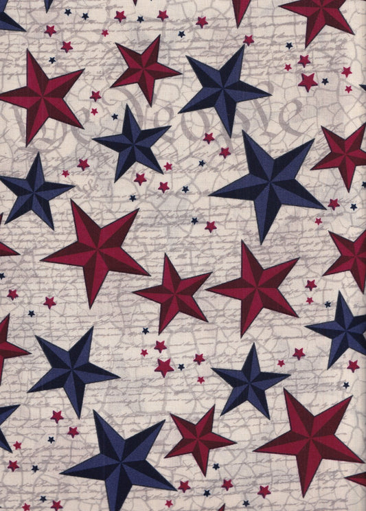 Patriotic Stars on Script on White 100% Cotton Price per Yard