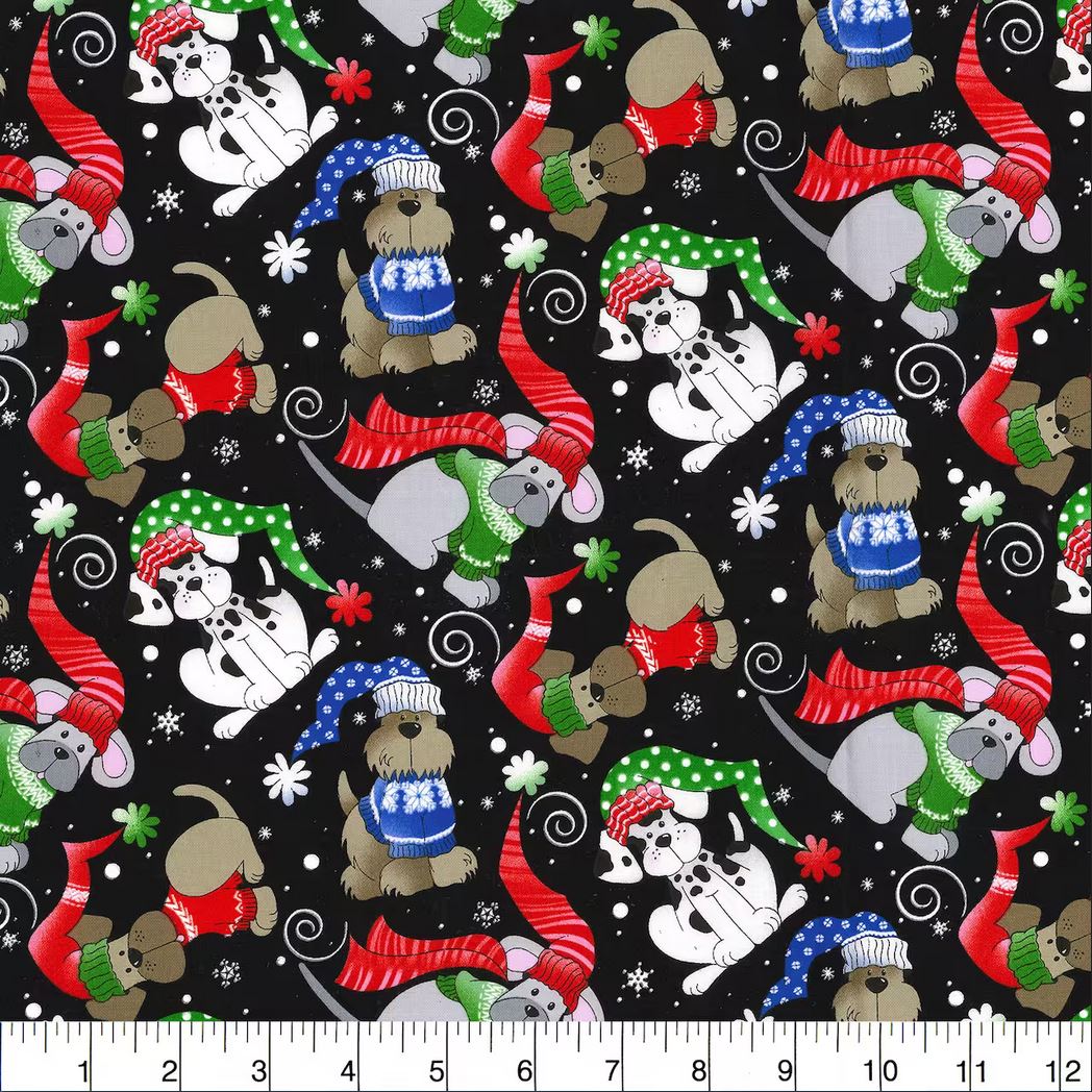 44 x 36 Christmas Dogs Puppies on Black Fabric Traditions 100% Cotton