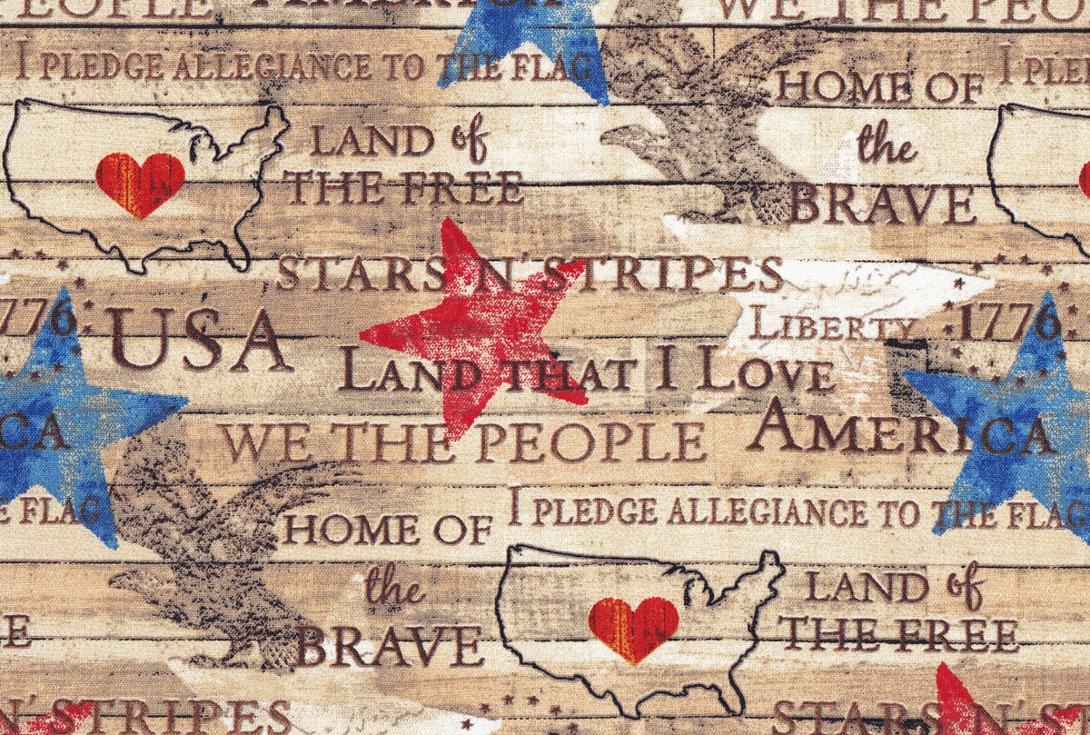 Patriotic Stars and Text on Wood Pattern 100% Cotton Price per Yard