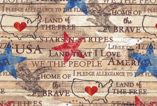 Patriotic Stars and Text on Wood Pattern 100% Cotton Price per Yard