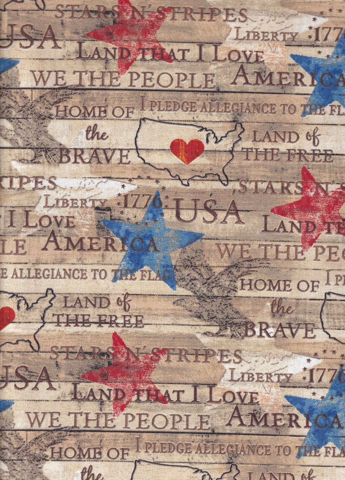 Patriotic Stars and Text on Wood Pattern 100% Cotton Price per Yard