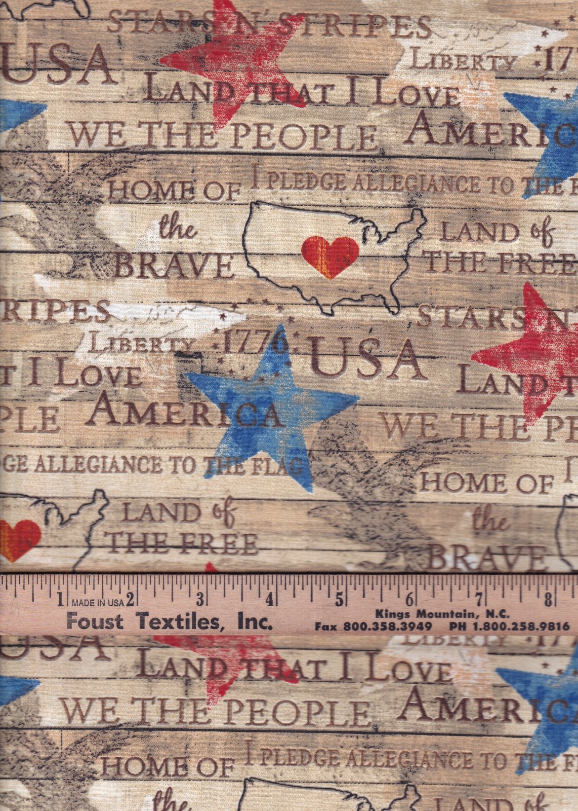 Patriotic Stars and Text on Wood Pattern 100% Cotton Price per Yard