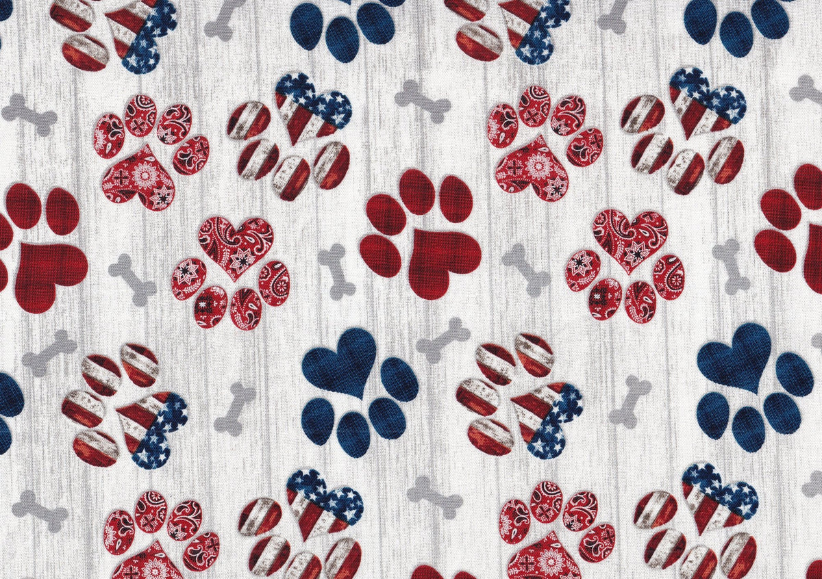 Patriotic Dogs Pups Paw Prints on White 100% Cotton Price per Yard