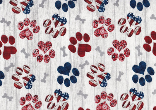 Patriotic Dogs Pups Paw Prints on White 100% Cotton Price per Yard