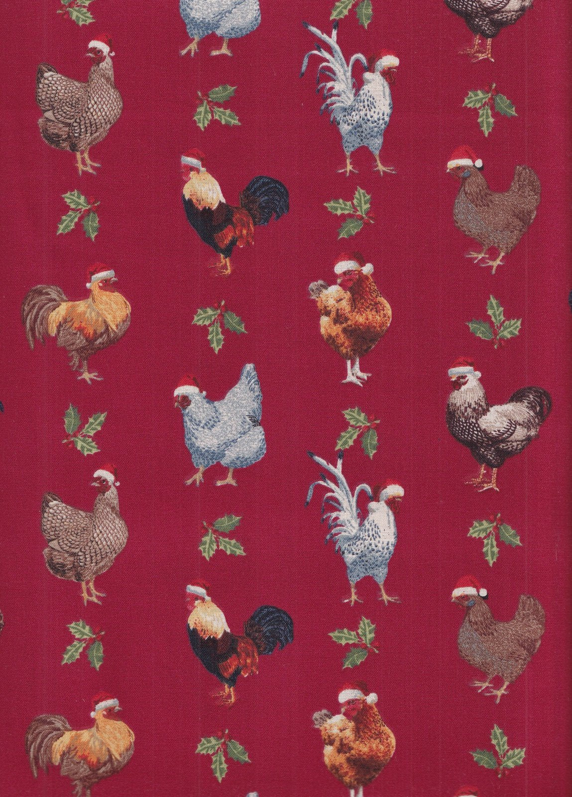 Christmas Roosters Chickens wearing Santa Hats on Red  100% Cotton