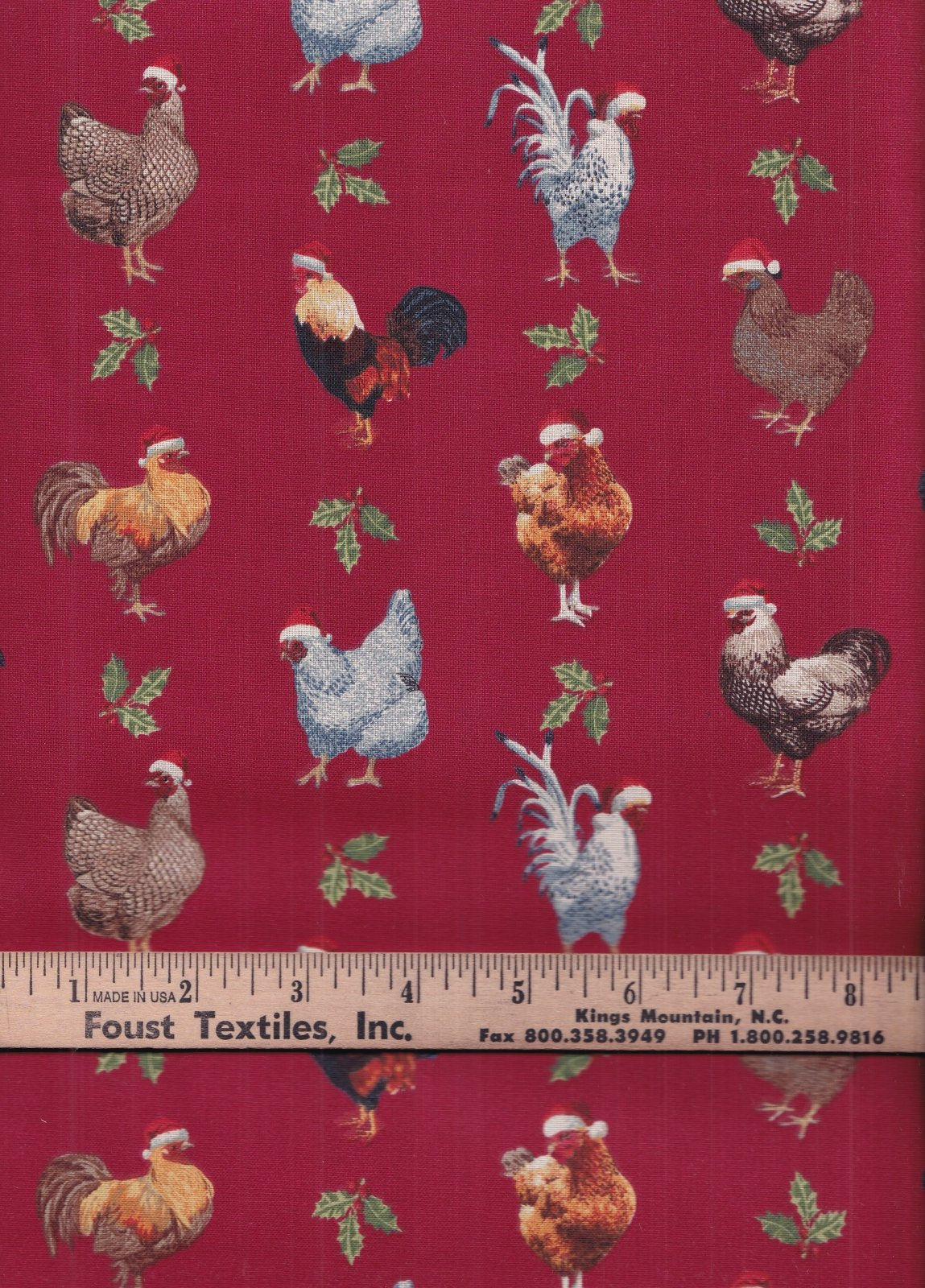 Christmas Roosters Chickens wearing Santa Hats on Red  100% Cotton