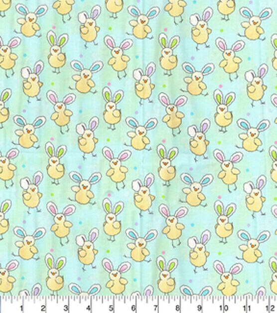 44 x 36 Easter Chicks with Bunny Ears on light green Fabric Traditions 100% Cotton