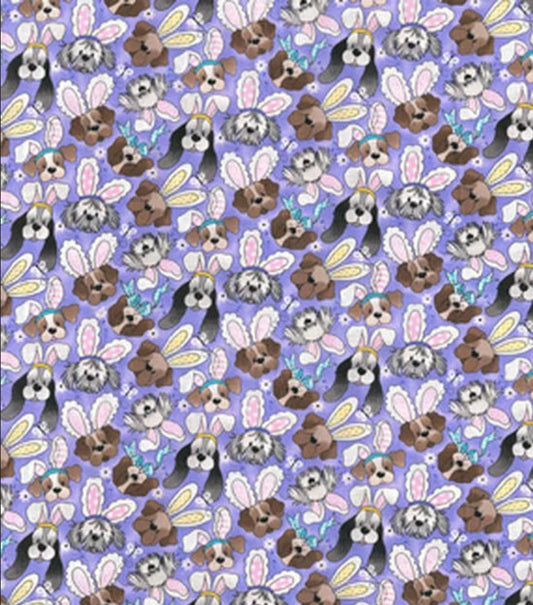 44 x 36 Easter Dogs Puppies Bunny Ears Purple Fabric Traditions 100% Cotton