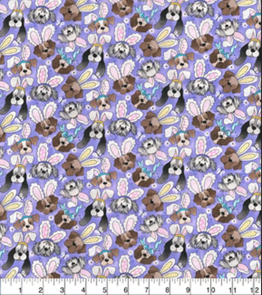 44 x 36 Easter Dogs Puppies Bunny Ears Purple Fabric Traditions 100% Cotton