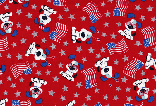 Patriotic Dogs Pups with Flags on Red Glitter 100% Cotton Price per Yard