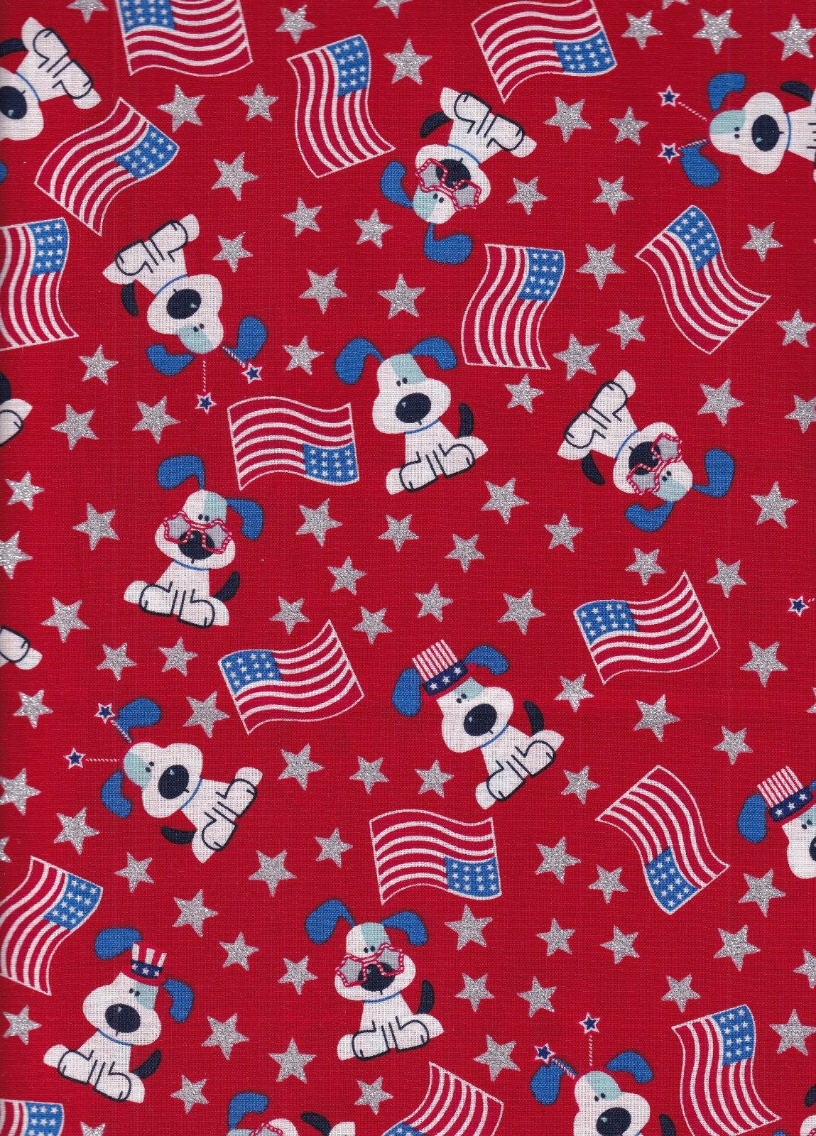 Patriotic Dogs Pups with Flags on Red Glitter 100% Cotton Price per Yard