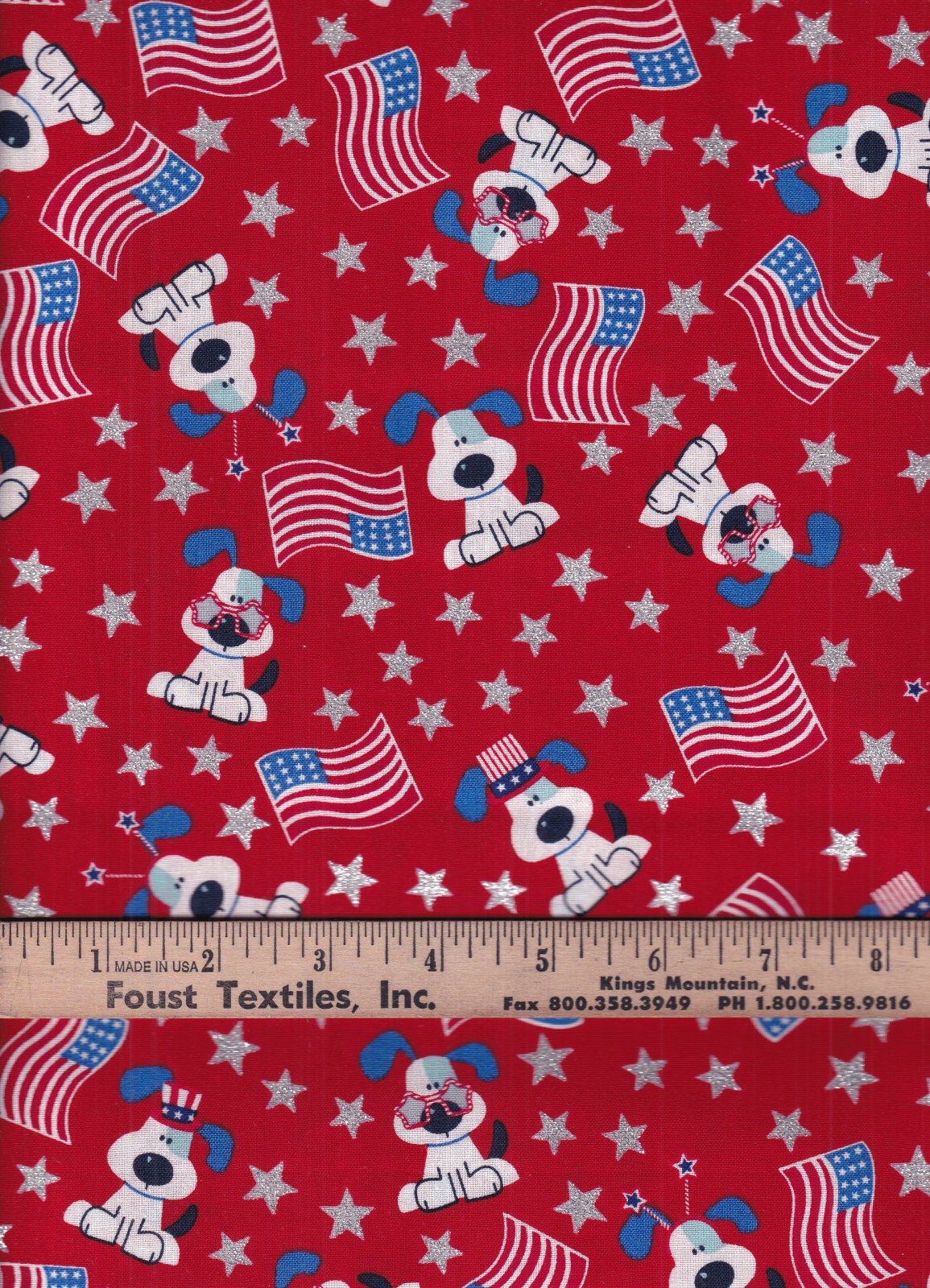 Patriotic Dogs Pups with Flags on Red Glitter 100% Cotton Price per Yard