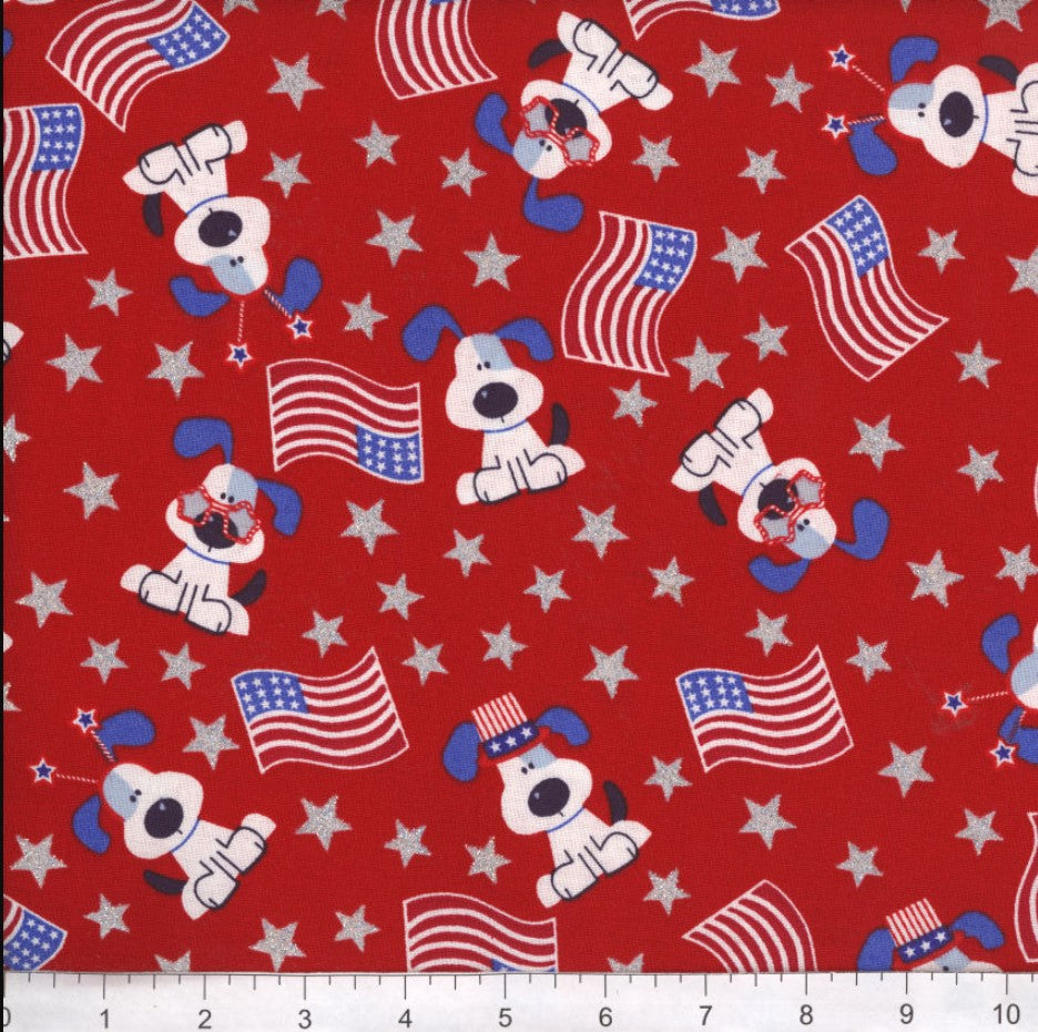 Patriotic Dogs Pups with Flags on Red Glitter 100% Cotton Price per Yard