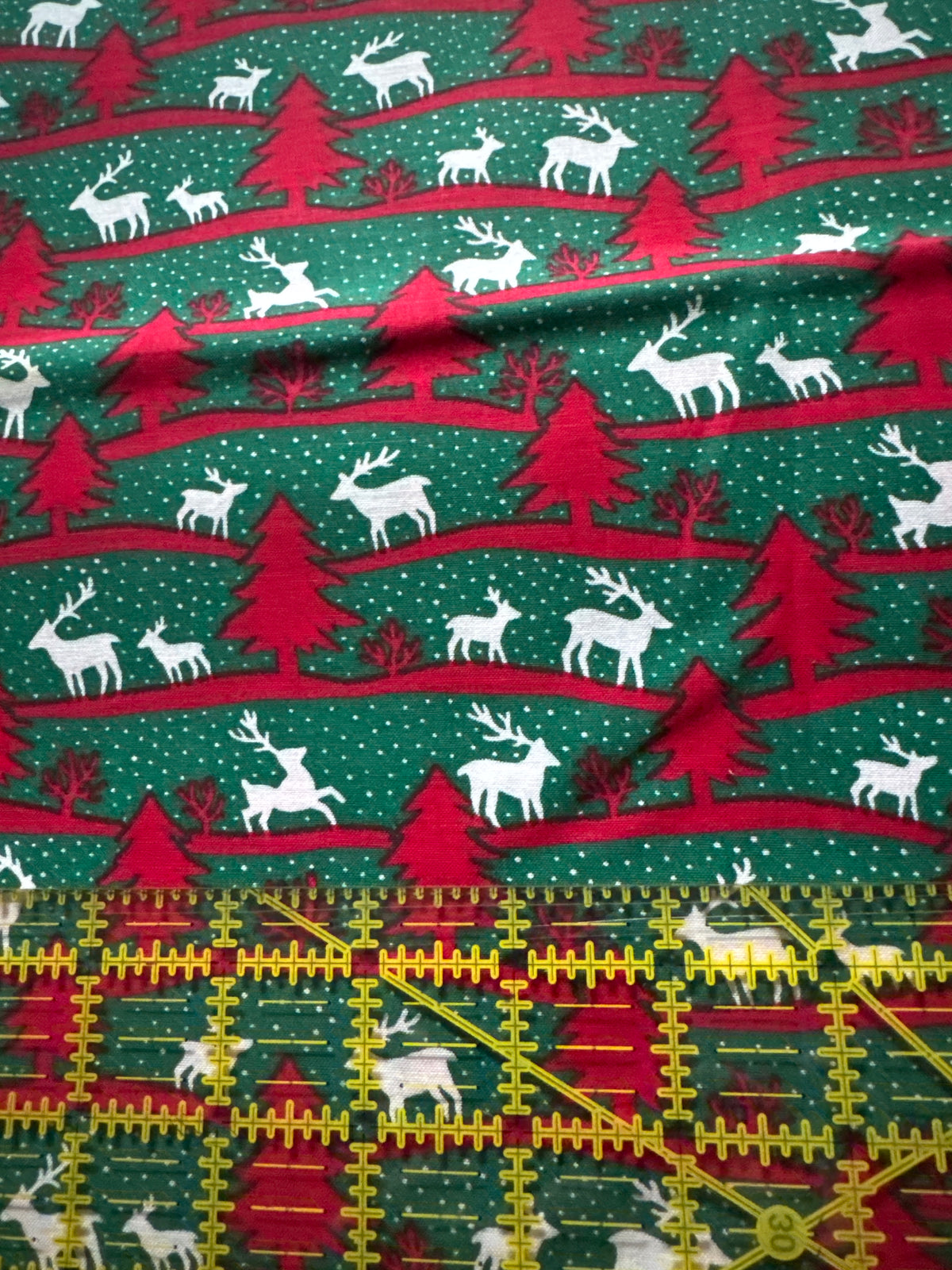 Christmas Vintage Trees Reindeer Curvy Lines on Green 100% Lightweight Cotton Price per Yard