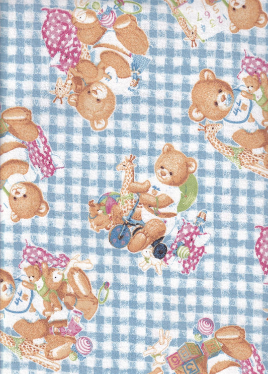 44 x 36 FLANNEL Baby Bears Playing on Light Blue Gingham 100% Cotton