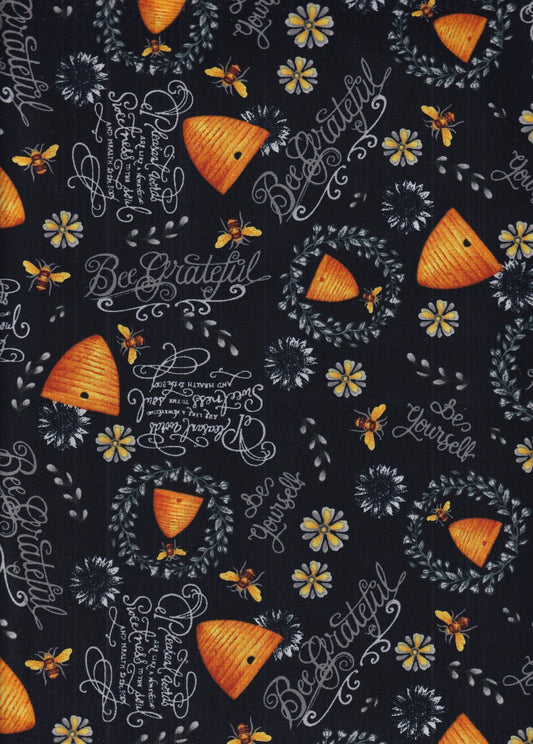 Hi Fashion Bee Hives And Phrases On Black Novelty 100% Cotton Price per Yard