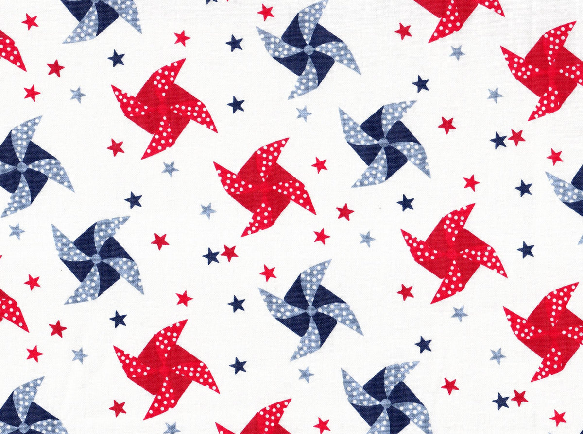 Patriotic Pinwheels and Stars on White 100% Cotton Price per Yard