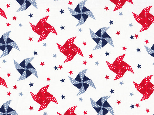 Patriotic Pinwheels and Stars on White 100% Cotton Price per Yard