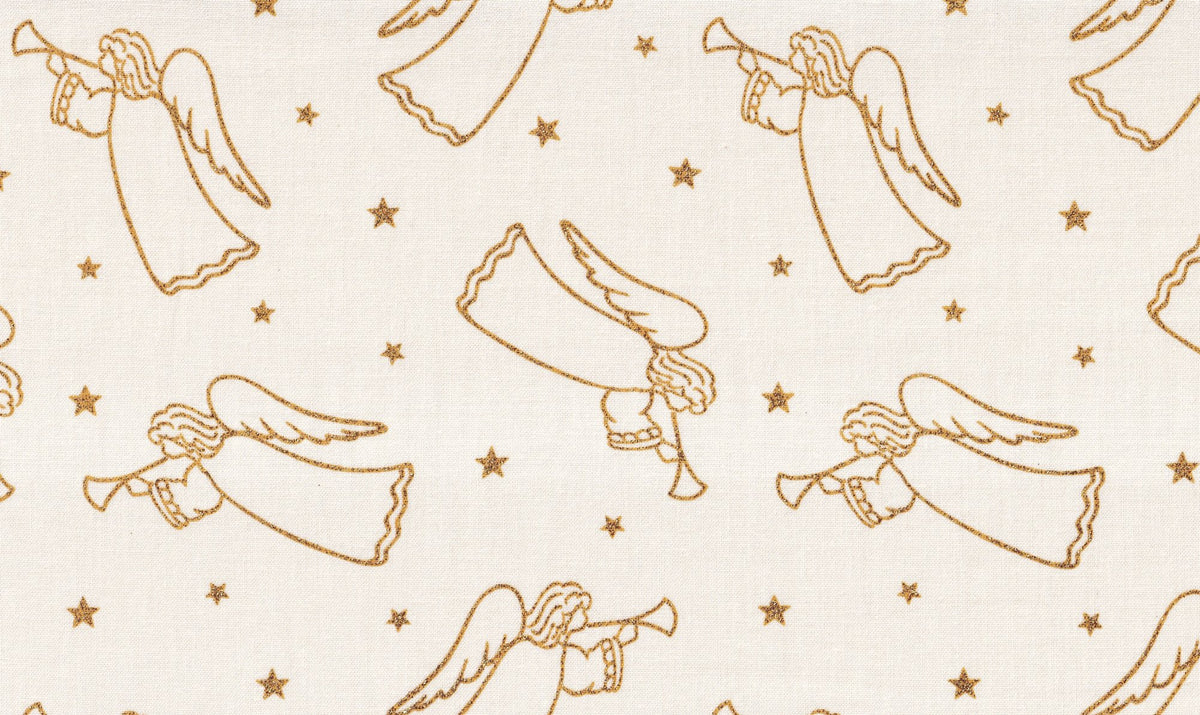 Christmas Gold Angels and Stars on Cream 100% Cotton Price per Yard