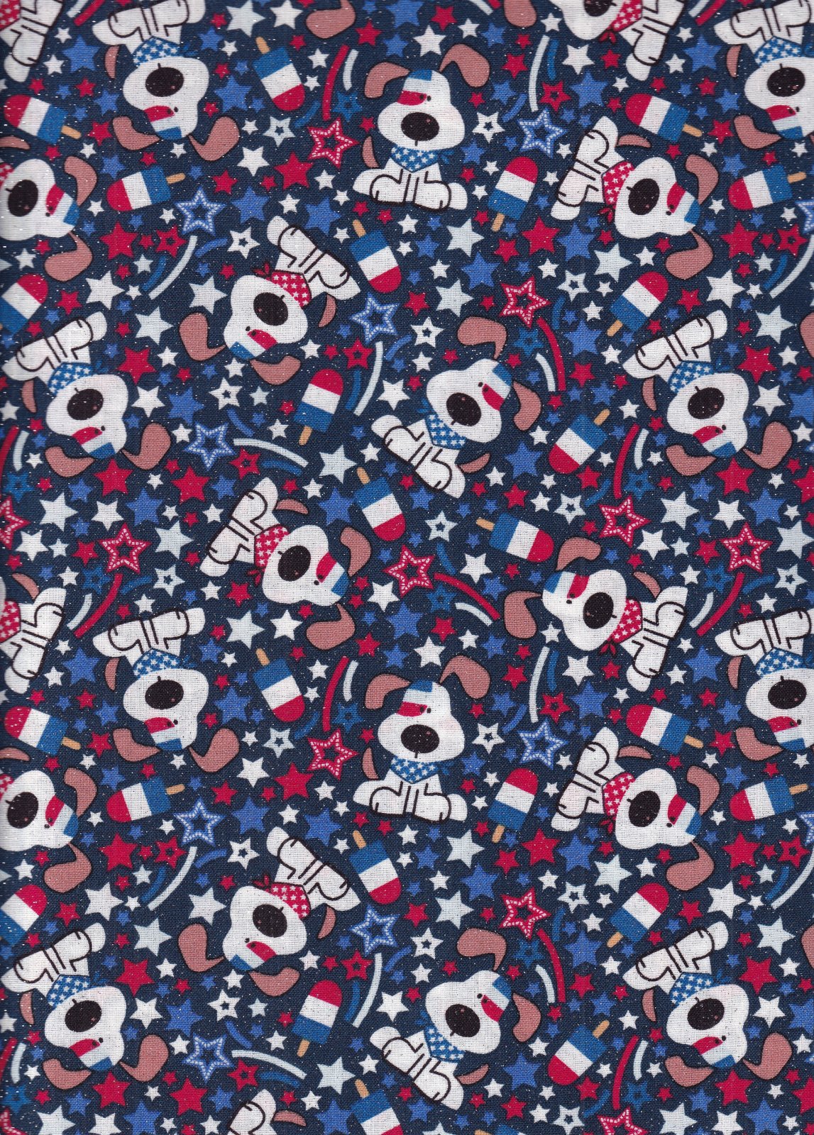 Patriotic Tossed Dogs Pups Ice Cream Stars on Blue Glitter 100% Cotton