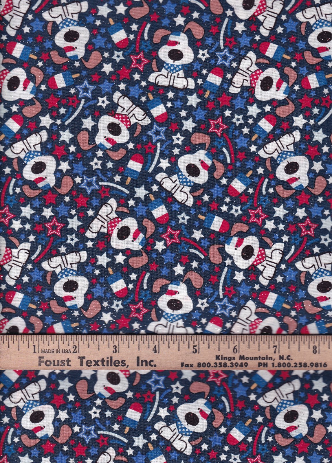 Patriotic Tossed Dogs Pups Ice Cream Stars on Blue Glitter 100% Cotton