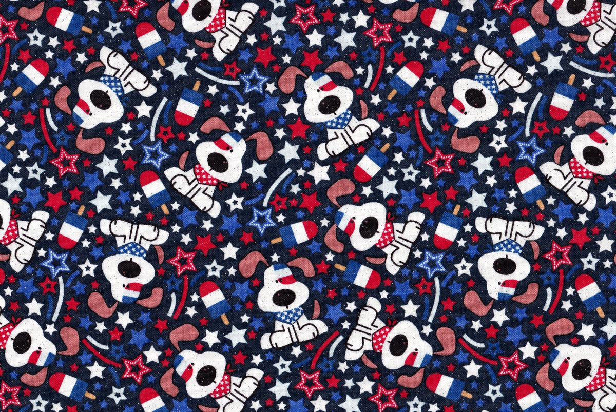 Patriotic Tossed Dogs Pups Ice Cream Stars on Blue Glitter 100% Cotton