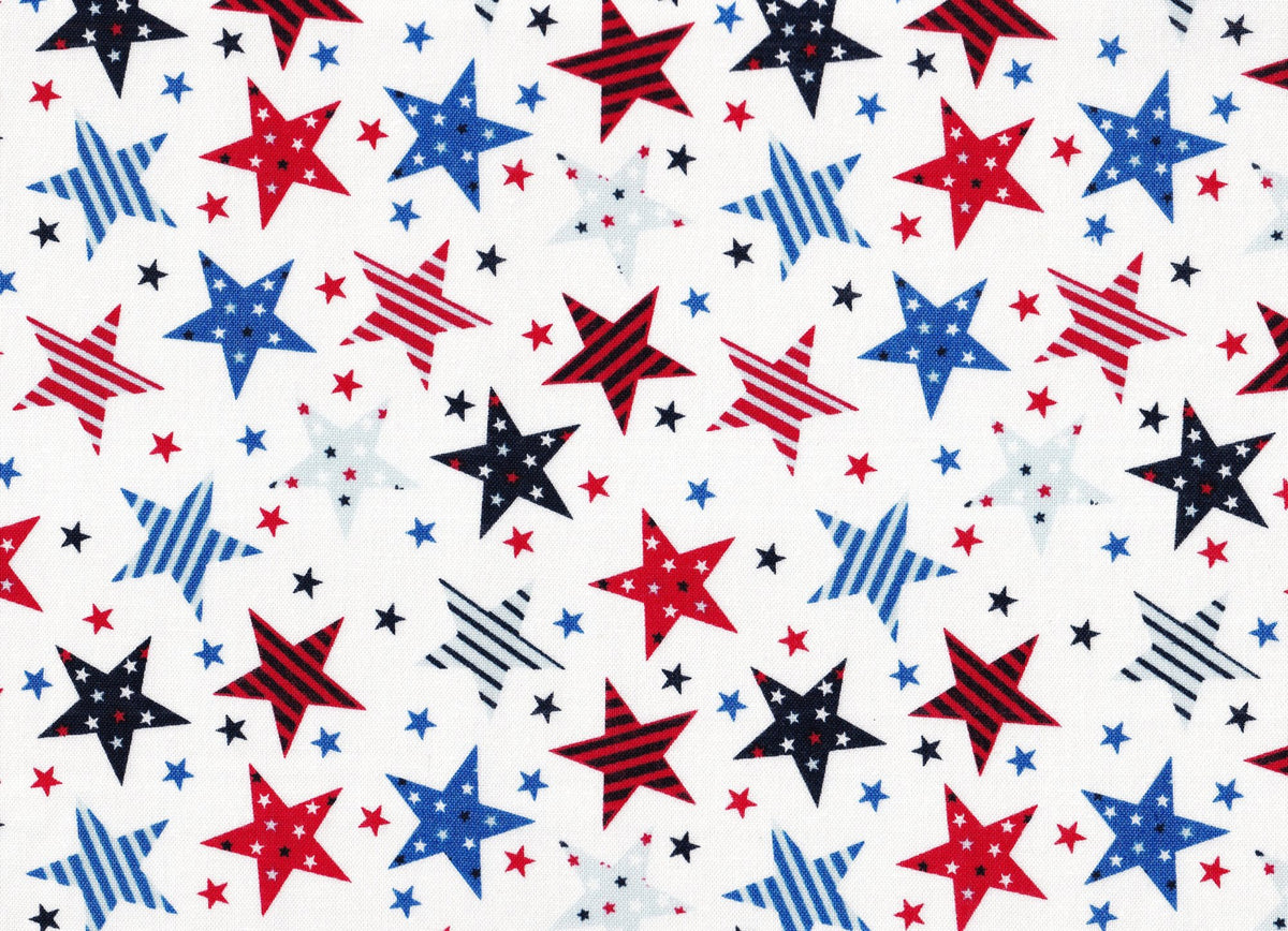 Patriotic Stars and Stripes on White 100% Cotton Price per Yard