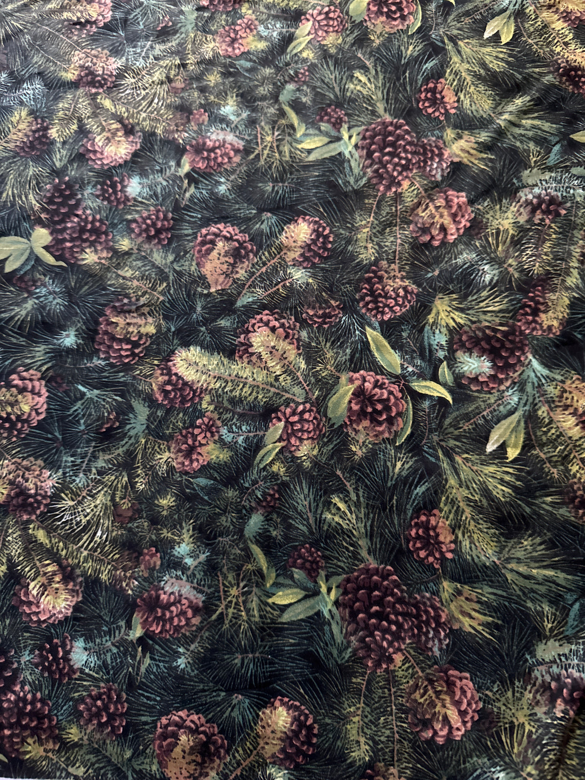 Christmas Pinecones and Branches on Black 100% Cotton Price per Yard
