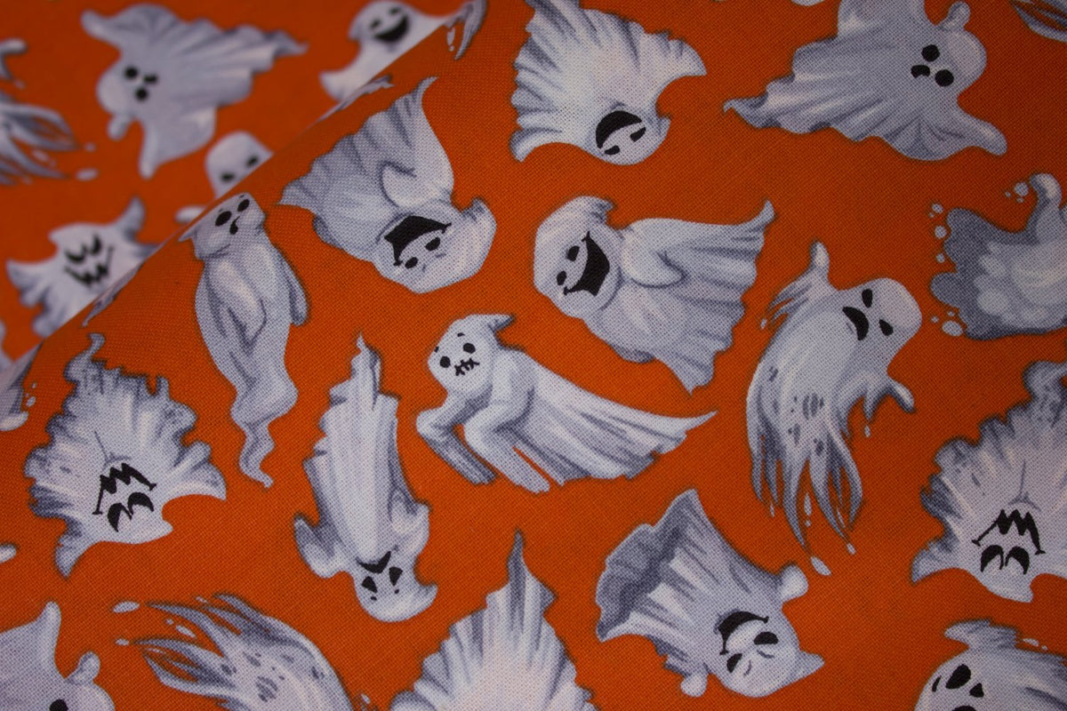 Halloween Spooky Flying Ghosts on Orange 100% Cotton Fabric Price Per Yard