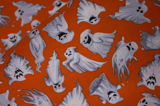 Halloween Spooky Flying Ghosts on Orange 100% Cotton Fabric Price Per Yard