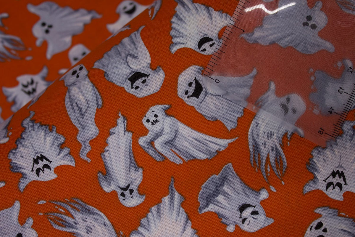 Halloween Spooky Flying Ghosts on Orange 100% Cotton Fabric Price Per Yard