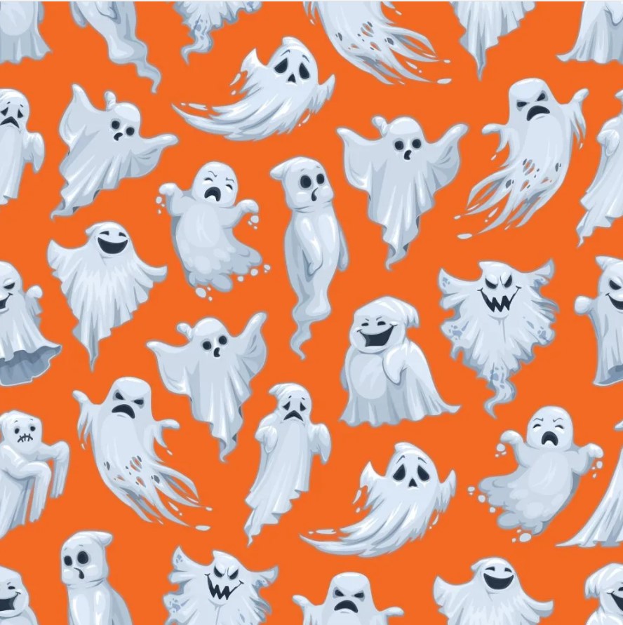 Halloween Spooky Flying Ghosts on Orange 100% Cotton Fabric Price Per Yard