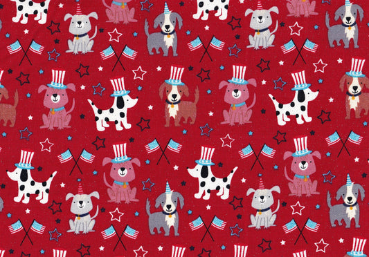 Patriotic Dogs Pups Wearing Hats on Red Glitter 100% Cotton Price per Yard