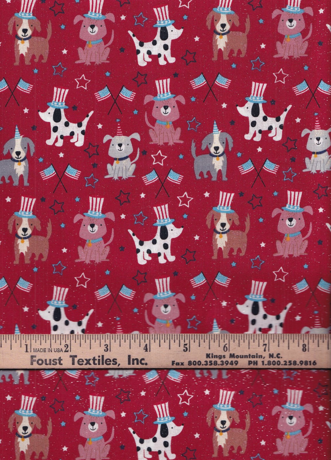 Patriotic Dogs Pups Wearing Hats on Red Glitter 100% Cotton Price per Yard