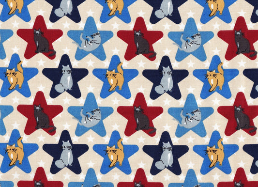 Patriotic Cats in Stars on White 100% Cotton Price per Yard