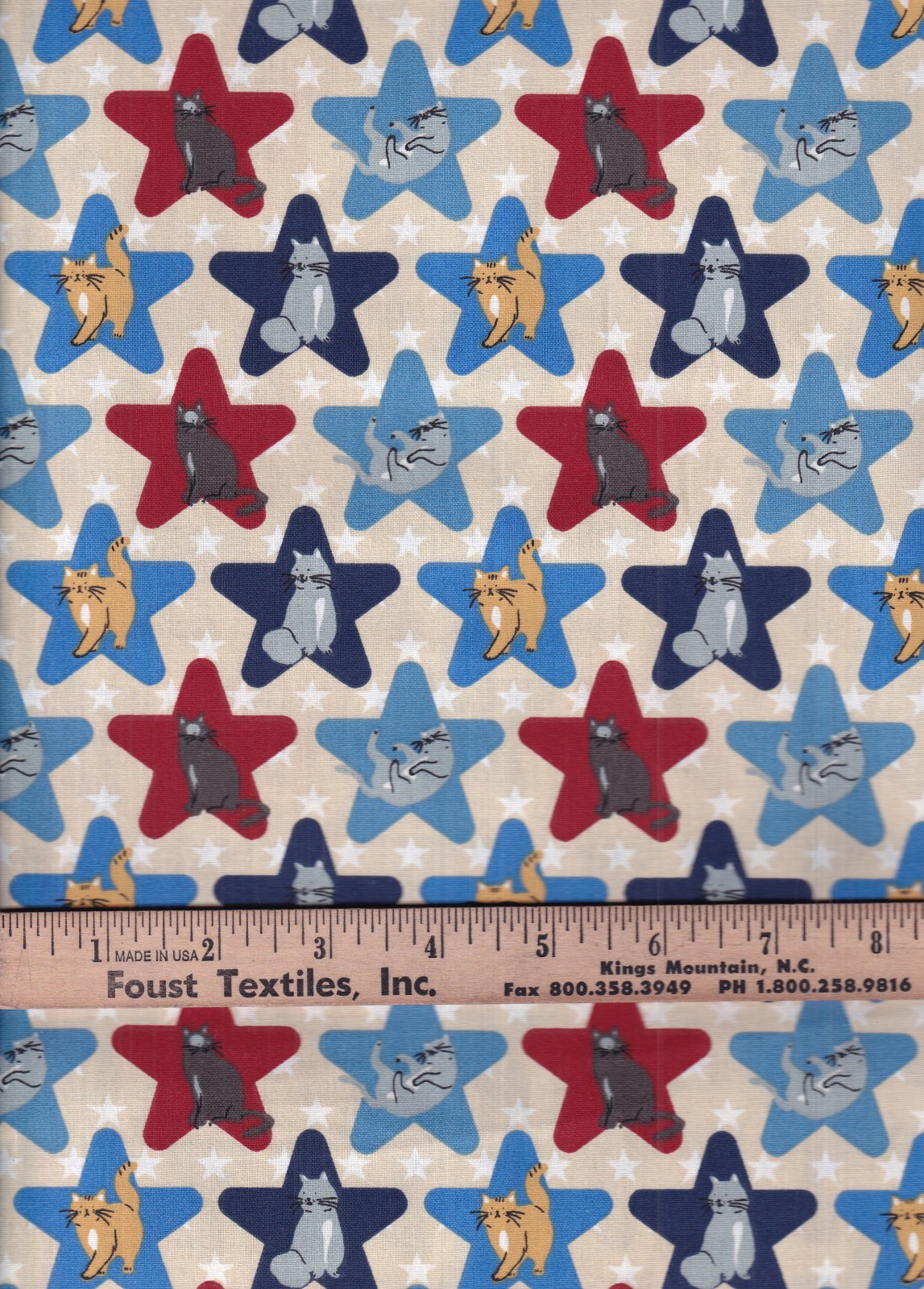 Patriotic Cats in Stars on White 100% Cotton Price per Yard
